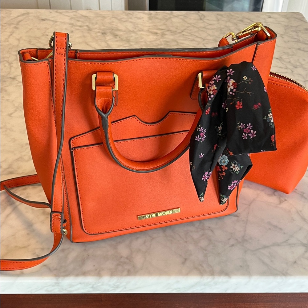 Steve Madden Orange Satchel with Floral Scarf and Coordinating Makeup Bag